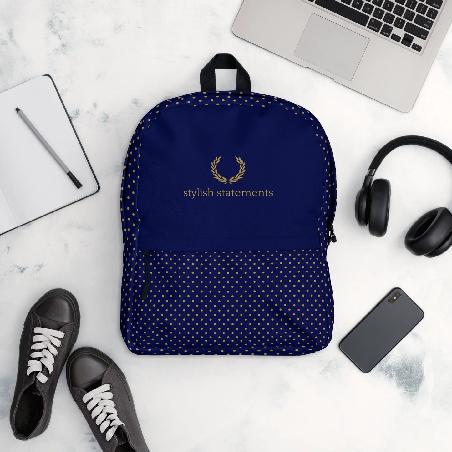 Stylish Statements Premium Dark Blue and Gold Dotted Backpack - Stylish Statements