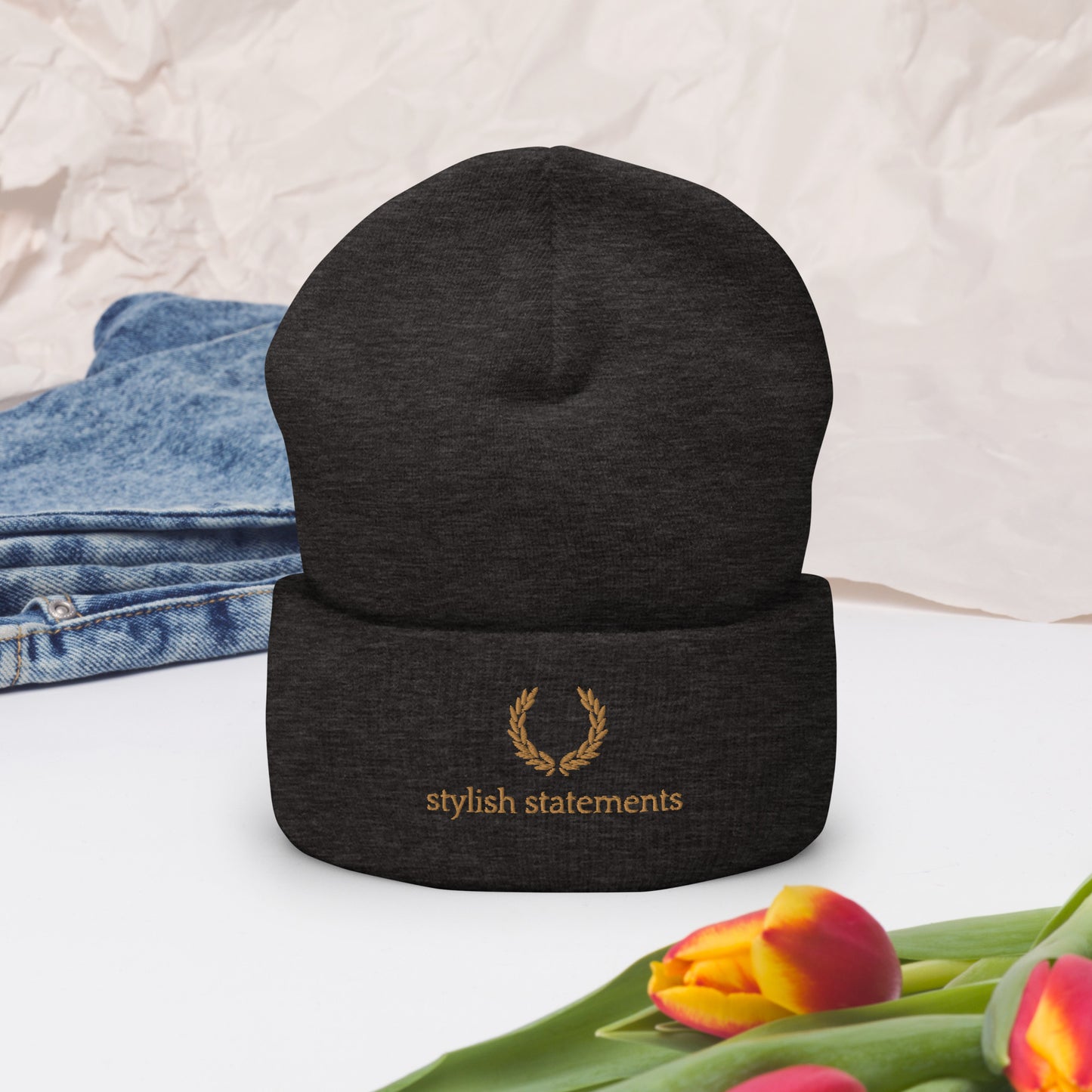 Stylish Statements Gold Embroidered Unisex Cuffed Beanie for Men and Women - Multiple Colours Available